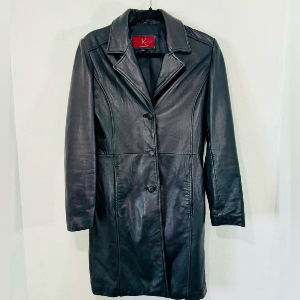 Vtg.Katiana Couture Made in Italy black longline leather jacket.Size S